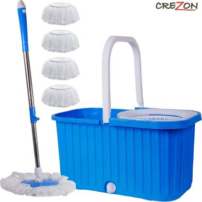 CREZON Premium Self Spin Square Bucket Mop with 4 Absorber Refills for Home & Office Mop Set