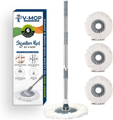 V-MOP Premium Grey Heavy Stainless Steel Bucket Mop Stick-Mop Rod Set (3 Refiil ) Mop Set