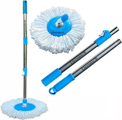 KUROXO Spin Mop Broom Handle Stick with Microfiber Head Refill Stainless Steel Mop Set