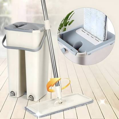 BRIGHT SEASONS Mop with Dual Chamber Bucket Hands Free Floor Mopping Set Wet Dry Mop Head and Rod