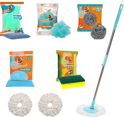 Pranay's Kleanup Combo Spin Mop-Rod Stick,Mop Head,Wipe,Scrubber,foam pad,loofah,scrubber&2Refill Mop Rod