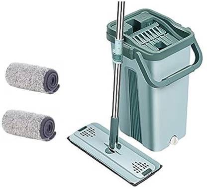 Upkaranwale Green flat mop and bucket set with Microfiber Mop Pads Refills Wet and Dry Mop Set