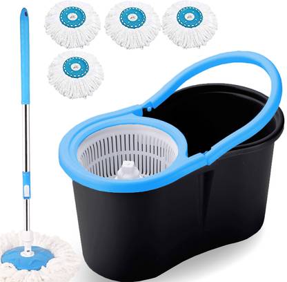 THUNDER FIT START FRESH PLASTIC MOP BUCKET WITH 4 MICROFIBER REFILLS (BLACK) Wet & Dry Mop