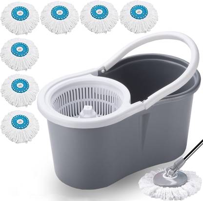 V-MOP Premium Grey Classic Spin Bucket Mop with 7 Head Mop Set