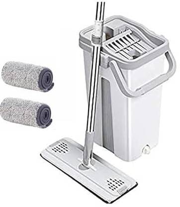 Upkaranwale White flat mop and bucket set Cleaning System with 2 Soft Refill Pads & Handle Mop Rod