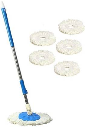 TOPREDO 360° Rotate Universal Mop Rod | Plastic and Steel Handle | with & 6 Super Absorbent Refills | for All Home and Office Floor Cleaning Mop Head and Rod