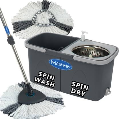 Primeway SS Upgraded Hydraulic Handle Twin Bucket, Triangular 2 Refills Wash & Dry Spin Mop Set