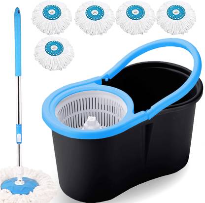 THUNDER FIT START FRESH PLASTIC MOP BUCKET WITH 5 MICROFIBER REFILLS (BLACK) Wet & Dry Mop