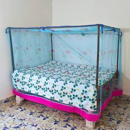 SS ENTERPRISE HDPE - High Density Poly Ethylene Adults Washable Elegant Blue Flower-Printed Double Bed (6x7 Ft) Mosquito Net