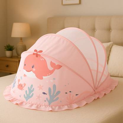 Classic Mosquito Net Polyester Kids Washable For Baby|Dolphin Print| |(0 to 24 Months) Bottomless | baby Mosquito Net