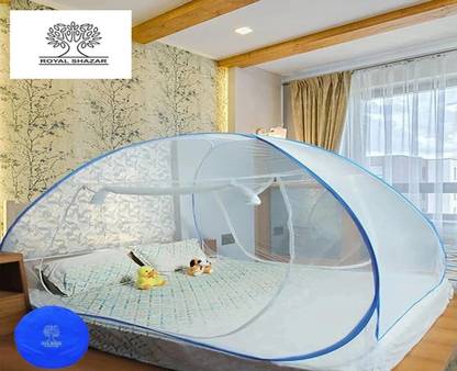 Royal Shazar Double Bed Mosquito Net Material Polyester King Size White & Blue Pack Of 1 Polyester Washable Adults Mosquito Net