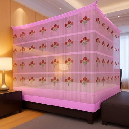 MEHON ENTERPRISE Flower Design Mosquito Net Bed Double Bed (Size 6x7-ft) HDPE - High Density Poly Ethylene Washable Adults Mosquito Net