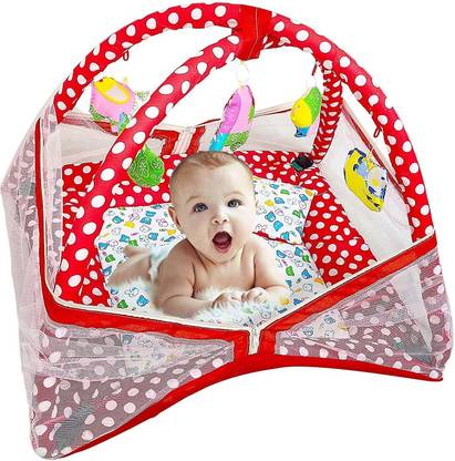 Akash International Polyester Kids Washable Unisex Baby Bedding Set Play Gym with Mosquito Net Cum Sleeping Bed (Dot Red) Mosquito Net