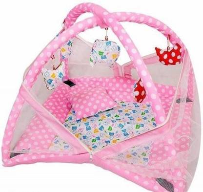 KIRADAY Polyester Infants Washable Baby Kick and PlayGym Mattress wit Mosquito Net & Bedding Set (Dot Pink) 54 Mosquito Net