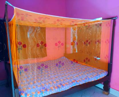RKmosquitonet Cotton Adults Washable Best quality mosquito net machhardani masari print orange colour 6ft*7ft Mosquito Net
