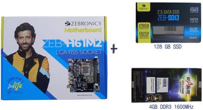 ZEBRONICS H61+128 SATA GB SSD + 4GB starlite DDR3 RAM Combo set LGA 1155Socket Micro-ATX Intel H61 Chipset DDR3 Motherboard for Desktop