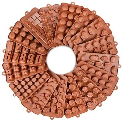 BAKEMO Silicone Chocolate Mould 4Pcs Mix Design Flexible Silicone Food Grade Different Shapes Chocolate Mould for Jelly Candies Chocolates Ice Making (Brown, Random Design) - Combo of Set of 4 Pcs