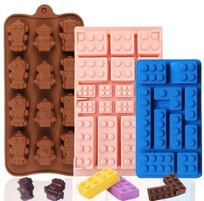 Husaini Mart Silicone Fondant & Gum paste Mould 3 Pcs Building Block Moulds, Silicone Building Brick Molds, 12 Kinds of Shapes, Ice Cube Candy Moulds, for Children Baking Minifigure, Building Block Themes, Party(Random Color)