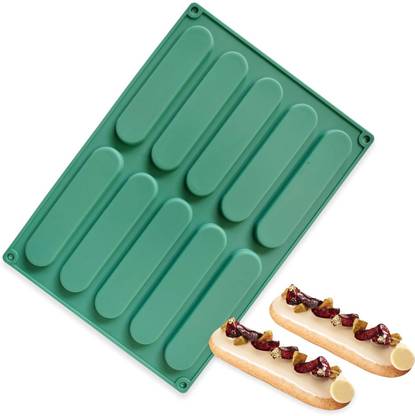 बेकेमो कुकी / मैक्रून ट्रे Eclair Cake Pan Baking Silicone 10 Cavity Stick Mini Eclair Cookie Biscuits Cake Decoration,Chocolate, Pastry, Muffin, Bread, Ice Cube Flaxible & Reusable Mold कप