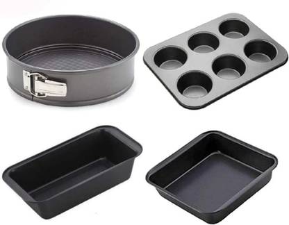 qaaf store Carbon Steel Cake Mould Cake Making Combo of Bread Loaf Pan and 6 Slot Cup Cake Muffin Tray with Round and Square Shape Cake Mould | Cake Baking and Decorating Tools | Kitchen Tools Set | 4 in 1 Mould Set