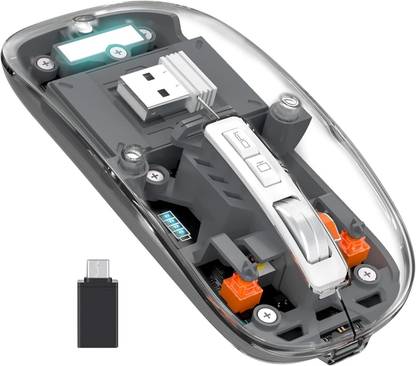 Rocketek Slim Rechargeable Transparent Clear, Silent Click LED Battery, 4 Adjustable DPI Wireless Ambidextrous Optical Gaming Mouse with Bluetooth