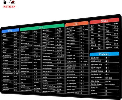 netizen Quality MS Excel Shortcuts Keyboard Non-Slip Rubber Base, large Mouse Pad Mousepad