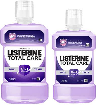 LISTERINE Total Care Mild Taste Mouthwash| Removes 99.99% germs| Home & Travel Combo - Mild Mint