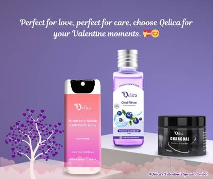 Qelica Strawberry Splash Mouthspray, Charcol Tooth Powder & French Blueberry Mouthwash - Strawberry Splash & Charcol & Blueberry