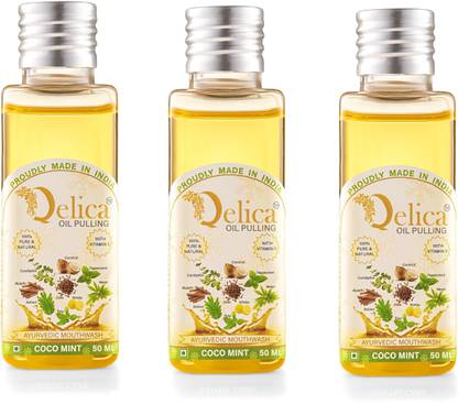 Qelica Oil Pulling Mouthwash For Oral & Dental Care, Teeth Whitening, Fresh Breath - Coco Mint, Tulsi, Coconut, Eucalyptus, Nimbu, Clove, Neem, Babool, Mulethi, Peppermint