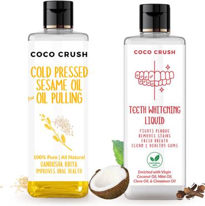 COCO CRUSH Combo of Teeth Whitening Liquid & Sesame Oil for Oil Pulling, Natural (2*200ml) - Sesame Oil, Clove Oil, Cinnamon Oil, Mint Oil
