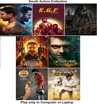 RRR , KGF - 1 & 2 , Vikram , Valimai , 777 Charlie , Beast (7 Movies) Play only in Computer or Laptop it's Burn Data DVD not original without poster HD Print Quality