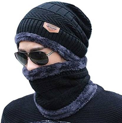 Zonkar Unisex Black Winter woolen Beanie Knit Skull Hats with Neck Warmer for Men Women with Scarf Premium High Quality Cap Self Design Men & Women Muffler