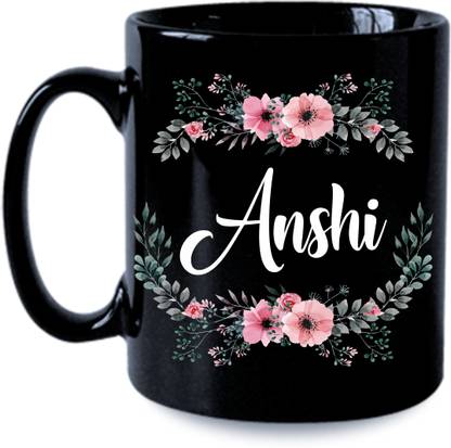 printyug Anshi (Name Printed, Floral Design) Black Ceramic Coffee Mug