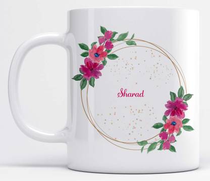 LOROFY Name Sharad Printed Pink & Green Floral Design White Ceramic Coffee Mug