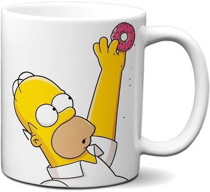 craft maniacs HOMER SIMPSON WIH DONUT 330 ML WHITE MUG FOR SIMPSON LOVERS Ceramic Coffee Mug