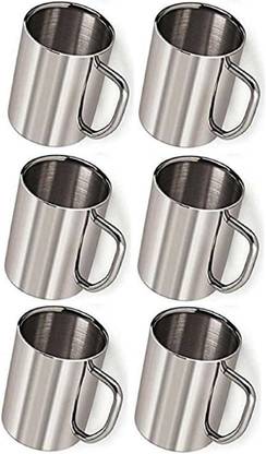 VISAXMI Double Wall Tea & Coffee | Tea Cup Wide Handle (Pack of 6) Stainless Steel Coffee Mug