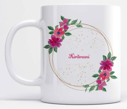 LOROFY Name Kiritmani Printed Pink & Green Floral Design White Ceramic Coffee Mug