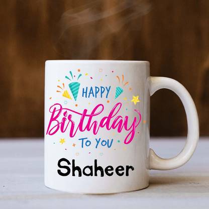 badri creations Happy Birthday Shaheer White Coffee Ceramic Coffee Mug
