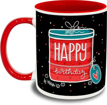 giftos Happy Birthday Printed Ceramic Red Inner Color for Coffee lover Ceramic Coffee Mug
