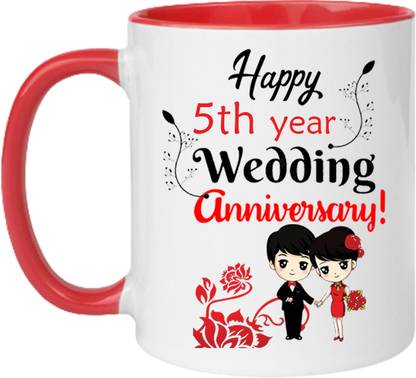 printsbea Printed Happy 5th Year Wedding Anniversary Quotes inside & Handle Red Coffee Ceramic Coffee Mug