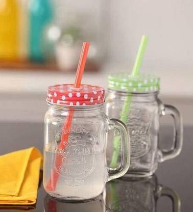 Meldique Mason Jar Glass Set of 1 for Juice with Lid and Straw (500ml) Glass Mason Jar