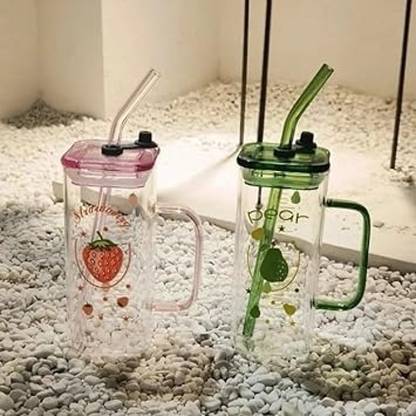Surkha Square Mason jar Glass Cups with Lids and Straws with Colored Handle Plastic Mason Jar