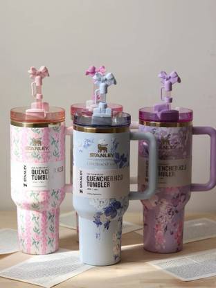 RHINETOYS Floral Print Stanley Tumbler with Handle and Straw Insulated Steel Cup Stainless Steel Tumbler