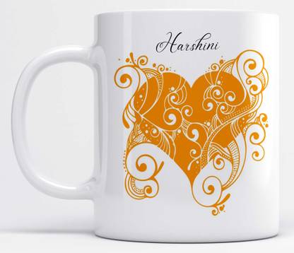 LOROFY Name Harshini Printed Orange Heart Design Ceramic Coffee Mug