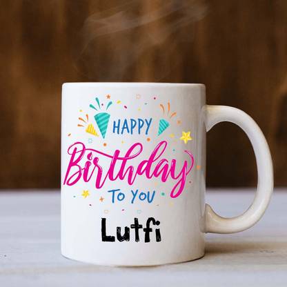 badri creations Happy Birthday Lutfi White Coffee Ceramic Coffee Mug