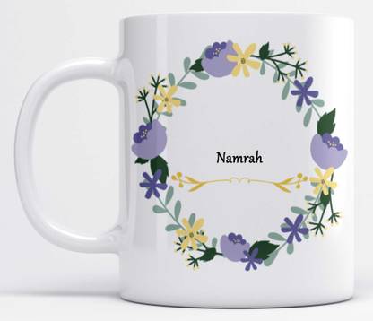 LOROFY Name Namrah Printed Blue & Green Floral Design White Ceramic Coffee Mug