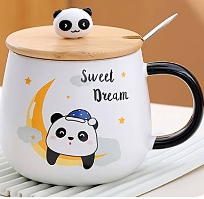 BONZEAL Printed Sweet Dream Panda Cup With Lid And Spoon Ceramic Coffee Mug