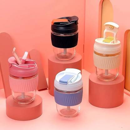 Coozico Reusable Glass Coffee & Juice Mug Shaker with Lid & Straw 350 ml Shaker