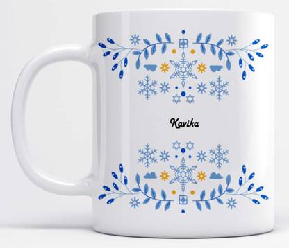 LOROFY Name Kavika Printed Beautiful Blue Floral Design White Ceramic Coffee Mug