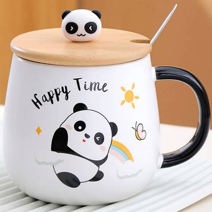 BONZEAL Printed Happy Time Panda Cup With Lid And Spoon Ceramic Coffee Mug